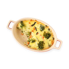 Tasty vegetable casserole in baking dish isolated on white, top view