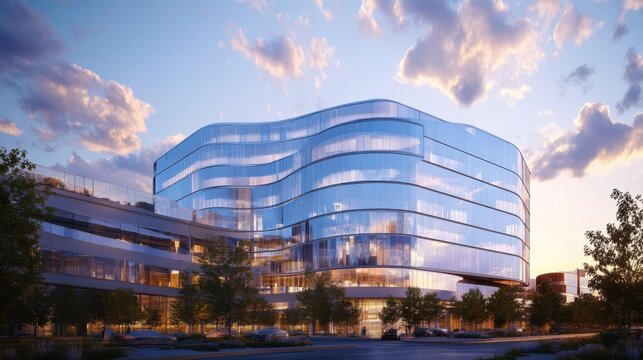Edificio moderno de cristal al atardecer