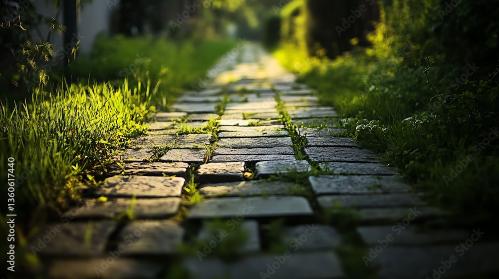 Poster a serene cobblestone path surrounded by lush greenery, inviting exploration and tranquility.