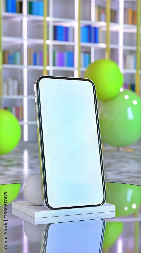 Poster Phone Display on a Platform With Bookshelf Backdrop