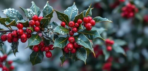 Fototapeta premium A glistening winter holly branch, laden with vibrant red berries, flora, holly