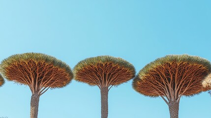 Three unique trees with umbrella-like canopies against a clear blue sky.