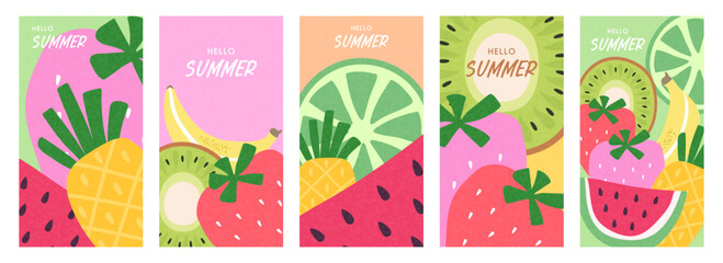 Hello summer. Summer poster, cover, postcard collection with watermelon, lemons, strawberries, pineapple and kiwi.