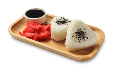 Rice balls (onigiri), soy sauce and pickled ginger isolated on white. Traditional Japanese dish