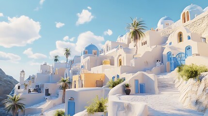 A picturesque village with white buildings and blue domes under a bright sky.
