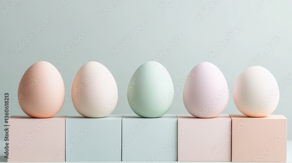 Poster arrangement of pastel-colored eggs on minimalist display blocks in a softly lit space emphasizing sp