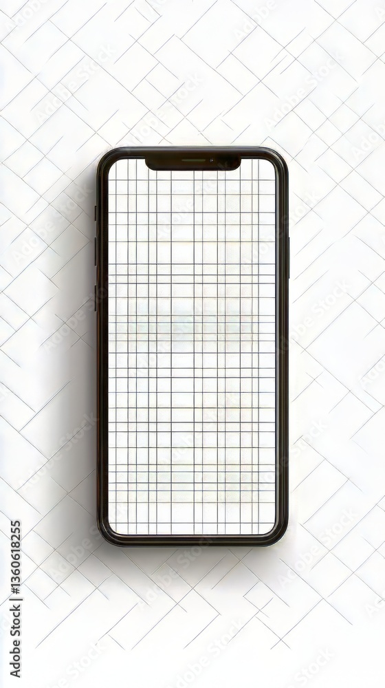 Poster smartphone with a grid screen on a white textured background for digital design and interface mockup