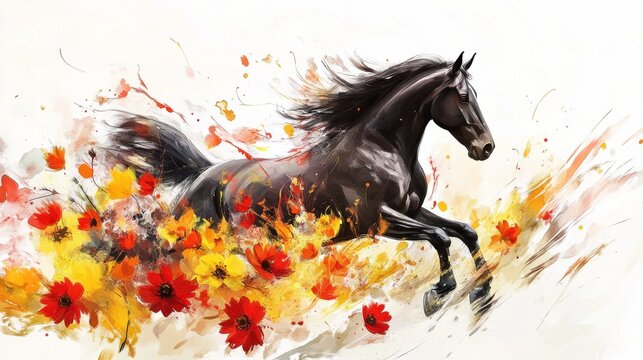 Caballo negro corriendo entre flores coloridas