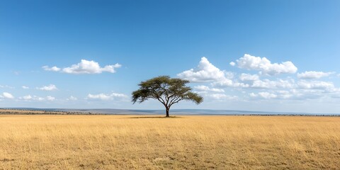 Fototapeta premium Majestic acacia tree stands alone in the golden grasslands under a wide blue sky in the African savanna during midday
