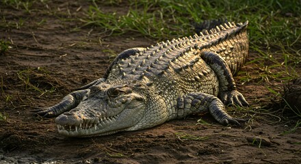 Fototapeta premium A large crocodile is resting on a grassy and muddy bank