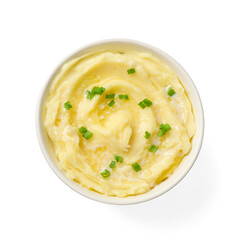 Tasty mashed potato with green onion in bowl isolated on white, top view