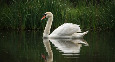 Obraz premium A majestic white swan elegantly glides on calm reflective water