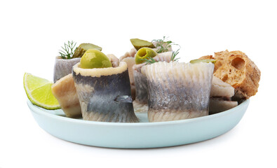 Delicious herring rolls with olives, pickles, dill and bread piece isolated on white