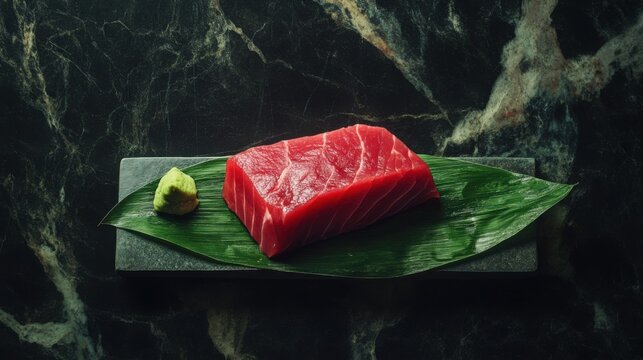 At&uacute;n rojo fresco en hoja de pl&aacute;tano con wasabi