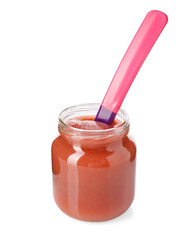 Baby food. Tasty puree in glass jar and spoon isolated on white