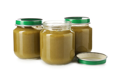 Baby food. Tasty puree in glass jars isolated on white