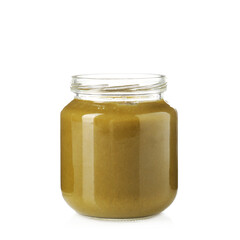 Baby food. Tasty puree in glass jar isolated on white