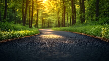 Fototapeta premium Scenic Forest Path with Golden Sunlight Streaming Through Trees, Leading to a Serene Natural Destination.