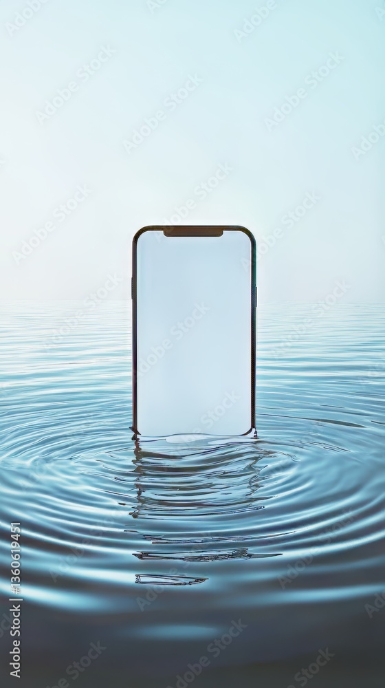 Poster mobile device in the water creating ripples. phone displaying blank screen in surreal water scene.