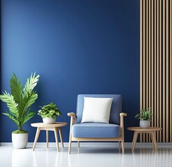 Modern, cozy living room featuring a deep blue wall, light wooden furniture, and plants.  A comfortable armchair with a white pillow.  Simple, elegant d?cor