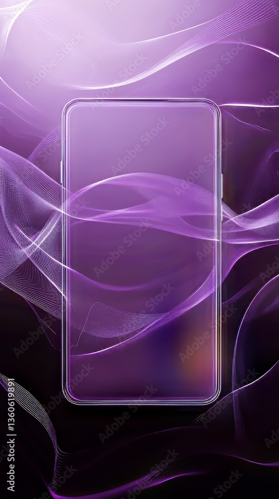 Poster sleek device display against flowing lavender streams, blending tech with ethereal design elements.