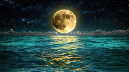 Starry night with a glowing moon reflecting in the still, blue sea, a peaceful ambiance.
