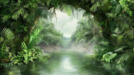 Fototapeta premium Lush jungle river valley scene, mystical, ideal for nature-themed backgrounds