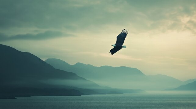 &Aacute;guila volando sobre monta&ntilde;as y mar
