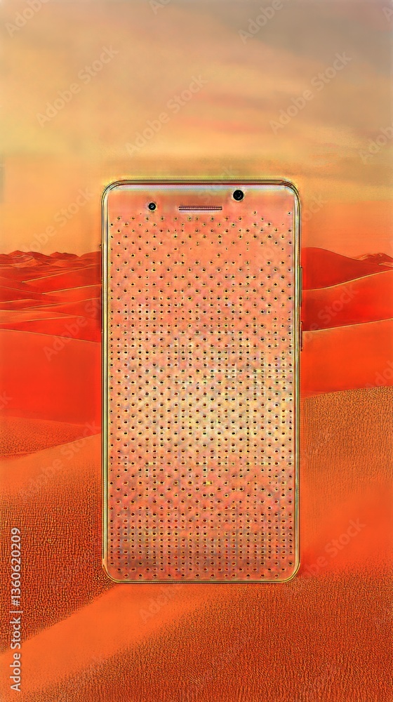 Poster surreal phone composite over desert landscape, creating an abstract textured visual experience.