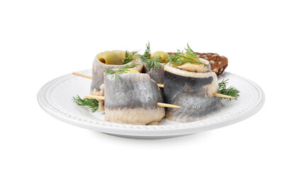 Delicious herring rolls with olives, dill and bread on white background