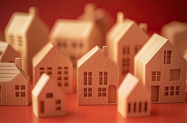 Tiny wooden houses displayed on a vibrant red backdrop. A real estate theme highlighting urban growth, city development, and housing market trends. Focus on rising and falling property prices