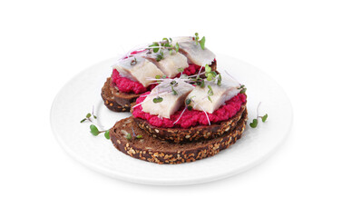 Tasty sandwich with herring and horseradish sauce on white background