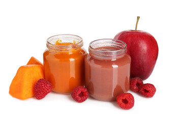 Baby food. Tasty puree in jars and ingredients on white background