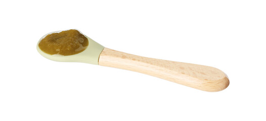 Baby food. Spoon with tasty puree in air on white background