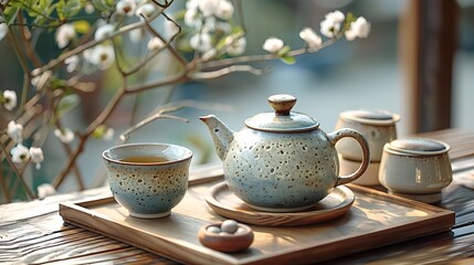 Serene tea time scene with teapot, cup, and blossoms creating a calming and mindful atmosphere on a wooden surface.