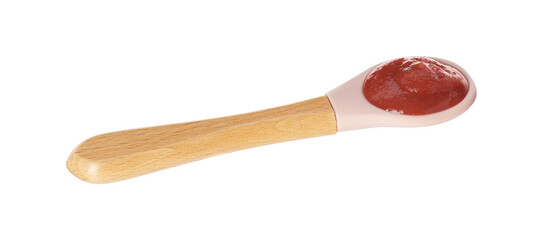 Baby food. Spoon with tasty puree in air on white background