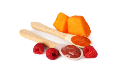Baby food. Spoons with tasty puree and ingredients on white background