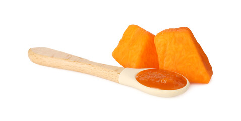 Baby food. Spoon with tasty puree and ingredient on white background