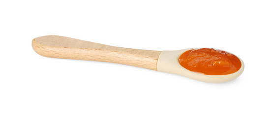 Baby food. Spoon with tasty puree on white background