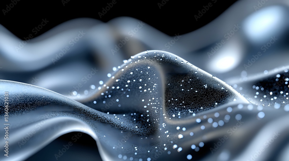 Aufkleber ethereal flowing waves with glowing particles create dynamic abstract background in silver and blue 