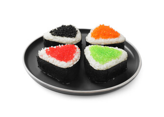 Tasty tobiko onigiri (Japanese rice balls) on white background