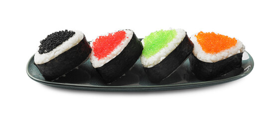 Tasty tobiko onigiri (Japanese rice balls) on white background