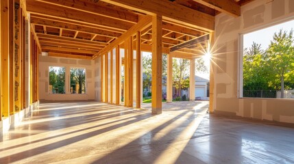 Fototapeta premium Sunlit construction site of a modern house, highlighting exposed wooden supports and beams.