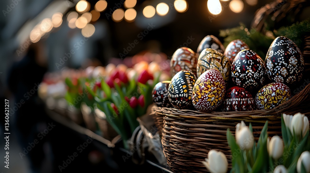 Poster decorated easter eggs with intricate folk patterns in wicker basket alongside fresh spring tulips, c
