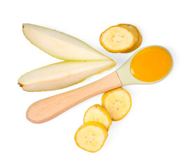 Baby food. Tasty puree in spoon, banana and pear isolated on white, top view