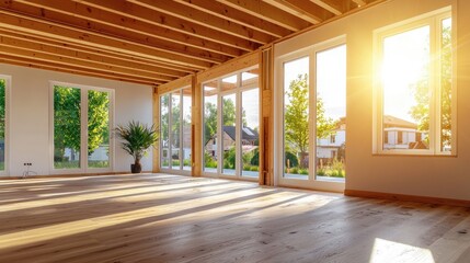 Fototapeta premium Sunlit construction site of a modern house, highlighting exposed wooden supports and beams.
