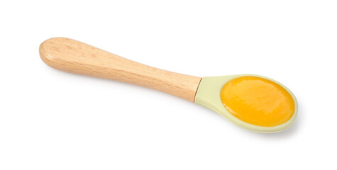 Baby food. Tasty puree in spoon isolated on white, above view