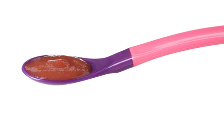 Baby food. Tasty puree in spoon isolated on white