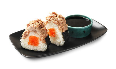 Tasty onigiri (Japanese rice balls) with tuna and soy sauce on white background