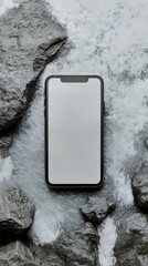 Smartphone resting in river waters; a blend of technology with nature's raw beauty and serene flow.